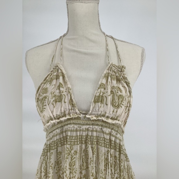 Free People Backless Elegant Green and Cream Halter Maxi Dress - Picture 7 of 13